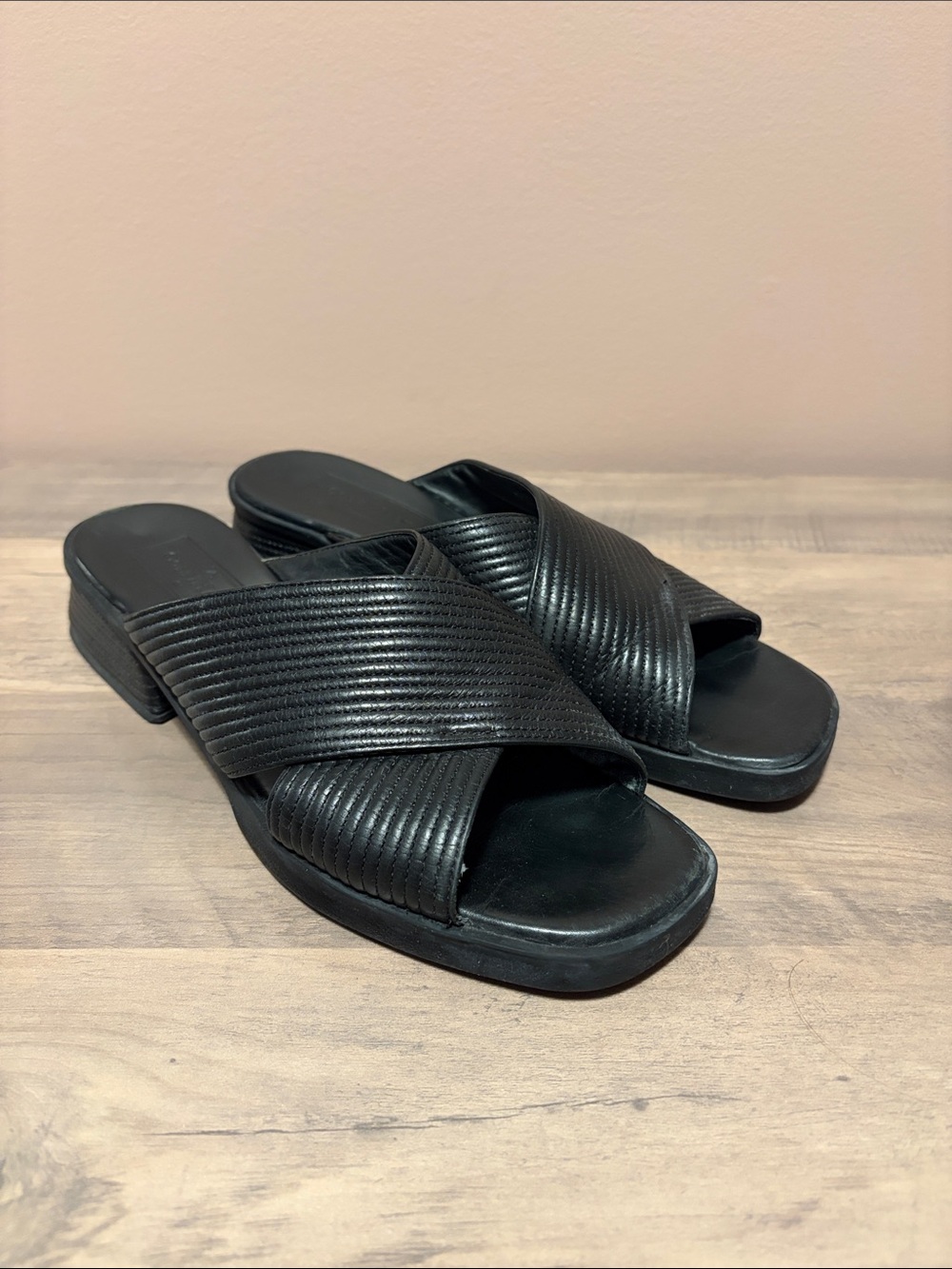 Cole Haan Black Ribbed Cross-Strap Slide Sandals